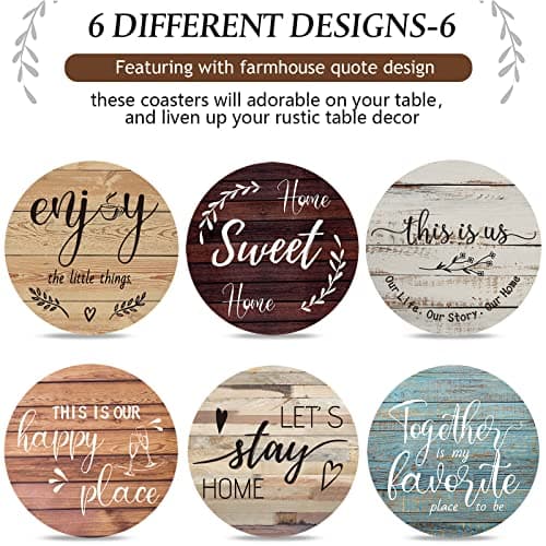 Wooden Coasters for Drink with Holder, 4'', Funny Home Decoration for Family Coffee Bar Table Protection, New Home Gift Ideas Queekay House Warming Gifts New Home Farmhouse Coasters Set of 6, Mixed B0BRSGRGBG