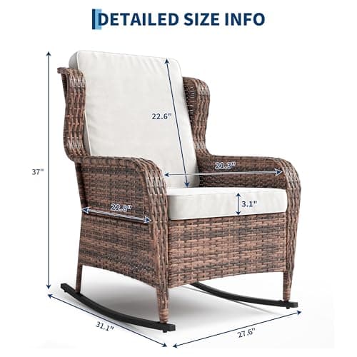 Patio Rocking Chair for Outdoor, Rattan Wicker Chair with Thick Cushions & Steel Frame, All-Weather PE Chair for Garden, Backyard, Porch, Deck