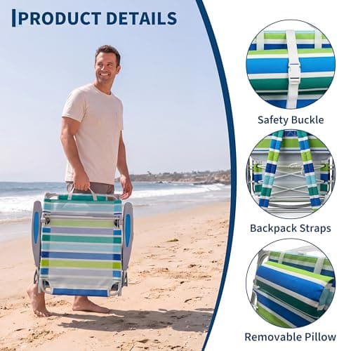 GarveeLife Backpack Beach Chair for Adults, Lightweight Portable Lay Flat Folding Beach Chair with Canopy Shade, 5 Reclining Positions, Backpack Straps, Phone Pocket, Cup Holder & Towel Bar