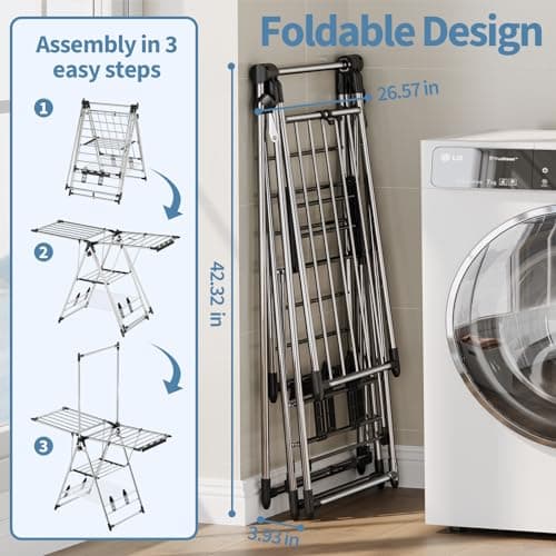 APEXCHASER Clothes Drying Rack with High Hanger, Foldable 3-Level Drying Racks with Shoe Rack, Crossbar and Vertical Rod Laundry Stand with Adjustable Wings Silver