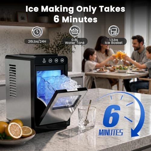 Electactic Countertop Ice Maker, 26Lbs Daily Ice Production, 0.8L Water Tank, Self-Cleaning, Adjustable Ice Size, One-Touch Operation, Interior Light, Portable Ice Maker for Home, Office & Party