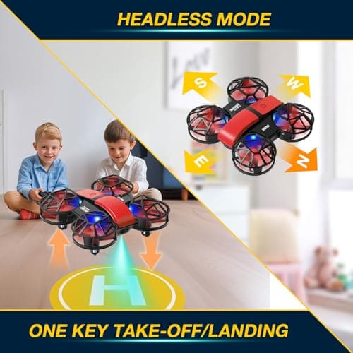 Red Mini Drone for Kids, Indoor & Outdoor RC Quadcopter, Full Propeller Guards, LED Light, 3D Flips, One Key Start, Headless Mode, 2 Rechargeable Batteries, 21 Mins Total Flight Time, Toy Gift for Boys and Girls