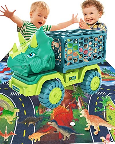 Dinosaur Truck Toys for Kids 3-5, Triceratops Car Toy with 15 Dino Figures,Large Activity Play Mat, Dinosaur Eggs, Dinosaur Play Set for Boys and Girls,Christmas Xmax,Stocking Stuffers