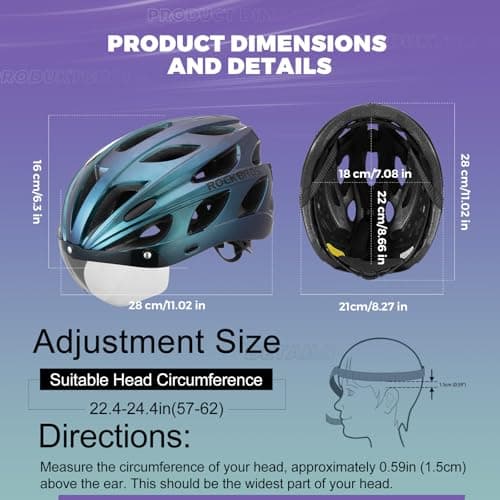 ROCKBROS Bike Helmet for Adult Men Women with Suggested Fit 58-65cm, Detachable Magnetic Goggles & Sun Visor, Lightweight with Adjustable Side and Chin Strap, Suitable for Myopia Glasses