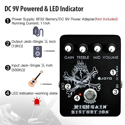 JOYO High Gain Distortion Pedal from AC/DC Crunch to Heavy Metal with Full Range EQ for Electric Guitar Effect - Bypass (JF-04)