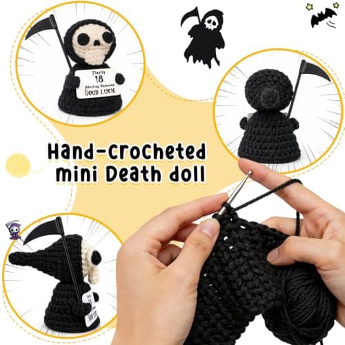 Unique 18th Birthday Gifts for Women Men - Mini Handmade Crochet Grim Reaper - Adulting Funny 18 Year Old Milestone Gag Gifts for Him Her - Handmade Crochet Desk Decor B0GS9Q8J46