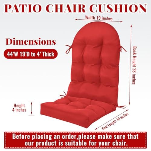 Geelin 4 Pcs Outdoor Patio Chair Cushion Thick High Back Adirondack Chair Cushion Tufted Weather & Fade Resistant Anti-Slip Outside Rocking Chairs Pads with Ties, 44 x 19 x 4 Inch (Red)