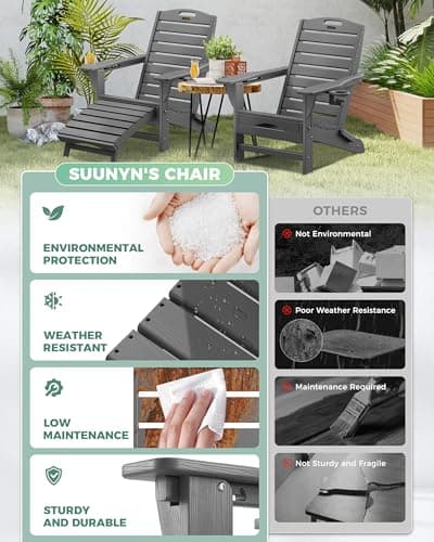 Folding Adirondack Chair with Retractable Ottoman, Weather Resistant Fire Pit Chair Patio Chair with 2 Cup Holder Lawn Outdoor Lounge Chair (Grey)