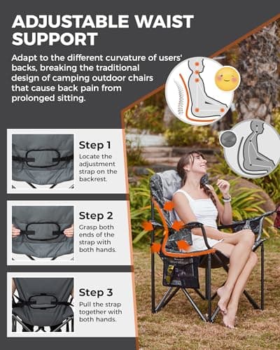 KingCamp Oversized Camping Chair with Adjustable Lumbar Support, 550lbs Heavy Duty Padded Folding Lawn Chair for Adults, Outdoor Armchair with Cooler Bag, Cup Holder & Side Pocket for Fishing, Travel