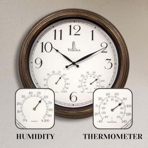 Outdoor Clocks for Patio Large Waterproof with Thermometer - 18 inch Indoor Outdoor Wall Clock with Temperature and Humidity Combo - Weatherproof, Accurate & Easy to Read for Pool, Garden & Home Decor