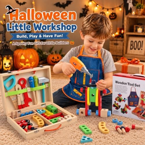 Kids Tool Set with Drill, Educational Montessori Toys for 3 Year Old Boys 44 Pcs STEM Kids Toys Wooden Toddler Tool Set with Apron & Box Christmas Birthday Gifts for 3 4 5 Year Old Boy Girl