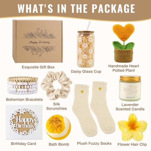 Birthday Gifts for Women, Unique Happy Birthday Gift Baskets for Teen Girls, Women, Her, Best Friend, Daughter, Sister, Self Care Package Cute Daisy Aesthetic Glass Cups Gift Box 9pcs Set B0FL1NQ5X4