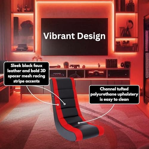 The Crew Furniture Classic Video Rocker Floor Gaming Chair, for Kids and Teens, PU Faux Leather & Polyester Mesh, Black/Red