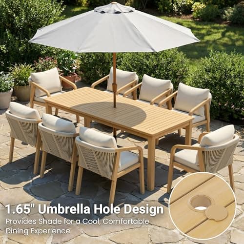Wisteria Lane 9 Pieces Acacia Outdoor Patio Table and Chairs Set for 8, Patio Outdoor Dining Table Set with Cushion, Modern Outdoor Patio Table Set for Lawn Backyard Garden Deck, Beige