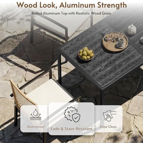 7-Piece Outdoor Dining Set for 6, Patio Dining Set with Hand-Woven Wicker Chairs & Cushions, 60" x 33" x 30" Wider Aluminum Woodgrain Table for Deck, Garden, Backyard