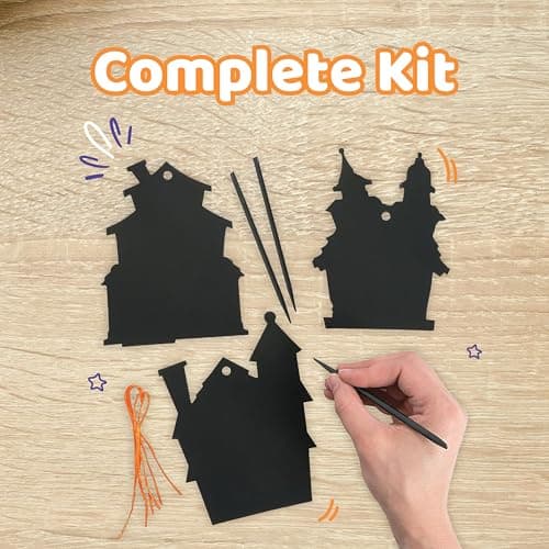 Halloween Magic Scratch Crafts for Kids and Adults - DIY Halloween Decorations - Haunted House Arts and Crafts Ornaments - Includes 24 Haunted House Ornaments, 24 Scratch Sticks, 24 Satin Cord Ribbons