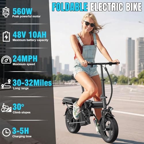Electric Bike for Adults and Teens, 560W Motor 24MPH Compact Commuter Ebike, 32 Miles Range, 48V 10Ah Battery, 3 Shock Absorbers, 14" Mini Foldable Electric Bicycles with Basket, UL 2849 Certified