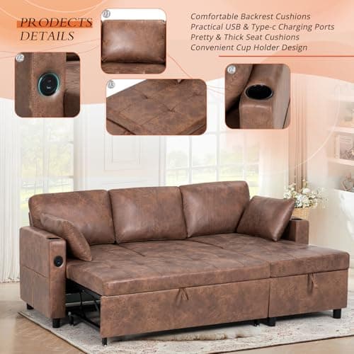 Lesofair 84" L-Shape Pull Out Sofa Bed with Adjustable Backrest, Upholstered Sectional Sleeper Sofa with Storage Chaise, Suede Leather Reversible Couch Bed with USB Port for Living Room, House, Brown