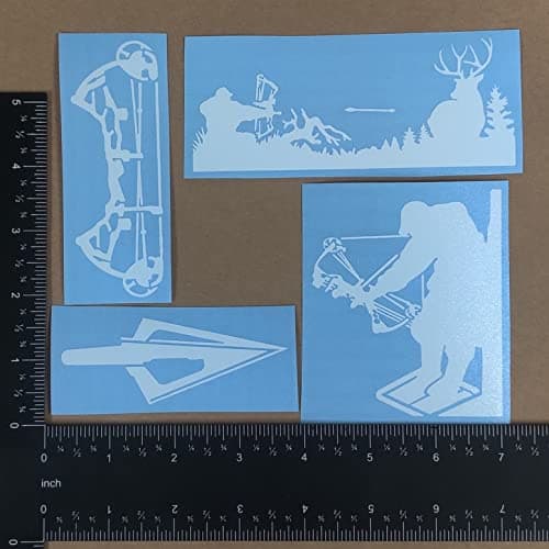 Bow Hunting Decal 4 Pack: Compound Bow, Tree Stand, Arrow Head, Hunting Scene Decals (Small ~3.5", White)