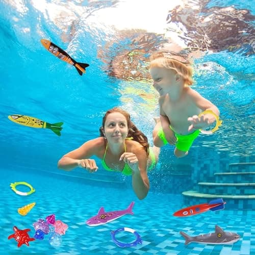 Summer Pool Diving Swimming Toys for Kids, Fun Swim Games Sinking Set, Underwater Dive Gifts with Storage Bag Include Torpedo Gems Shark Rings Sea Animals for Boys Girls Toddlers 20 Packs