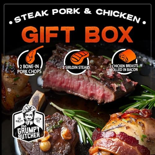Grumpy Butcher Box Meat Food Gifts – Includes 2 Top Sirloin Steaks (6 oz), 2 Duroc Bone-In Pork Steaks (14 oz) & 2 Large Fully-Cooked Chicken Breasts – Lean Steak & Premium Meat Gift Box