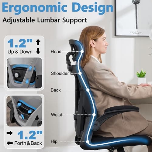 Office Chair, Ergonomic Office Chair with Headrest, Comfy Home Office Desk Chairs with Lumbar Support & Flip-up Armrests, 330LBS High Back Mesh Computer Desk Chair for Home Office, Black