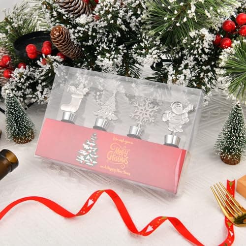 4PCS Christmas Wine Bottle Stoppers, Alloy Xmas Wine Bottle Stoppers for Keeping Wine Fresh,Wine Accessories Gift for Hostess Christmas Bottle Corkers,Winter Decor Bottle Stopper Holiday Party Supplie