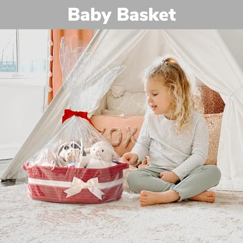 13" x 10" x 5" Storage Baskets for Toys & Baby Essentials, Fits Nursery & Bedroom Organization, Built-In Handles, Bow Design CHICVITA Small Woven Rope Gift Basket, Decorative Burr Basket, Red B0D7MKY1YJ