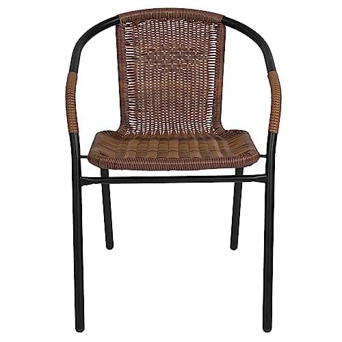 EMMA + OLIVER Set of 2 Modern Rattan Indoor/Outdoor Stack Chairs, Stacking Rattan Patio Chairs with Curved Back and Cross Bracing, Brown