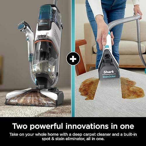 Shark CarpetXpert with StainStriker Upright Carpet, Area Rug & Upholstery Cleaner with Pet Mess Extractor Tool, Perfect for Pets, Carpet Shampooer, 3 Cleaning Tools, Cleaning Solutions, White, EX201