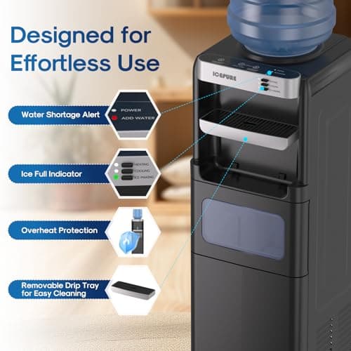ICEPURE Water Cooler Dispenser with Build-in Ice Maker, Hot and Cold Water Dispenser with Bullet Ice Maker, 33lbs/24H, Child-Lock,Top Loading