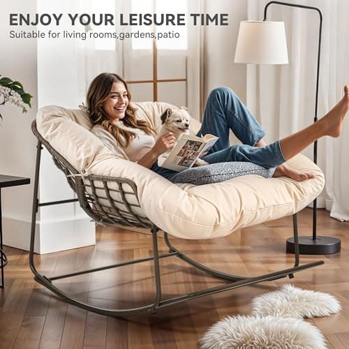 YITAHOME Rocking Papasan Chair, Wide Rocking Chair, Comfy Indoor and Outdoor Lounge Chair with Thick Cushion for Bedroom, Living Room, Patio, Porch, Garden, Deck, Lawn (Beige)