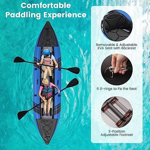 GYMAX Inflatable Kayak, 12.5Ft 507lbs Tandem Kayak with 2 Aluminum Paddles, 2 Padded Seats, Footrests, 2 Fins, Hand Pump, Carry Bag & Repair Kit, 2 Person Fishing Touring Kayak for Adults