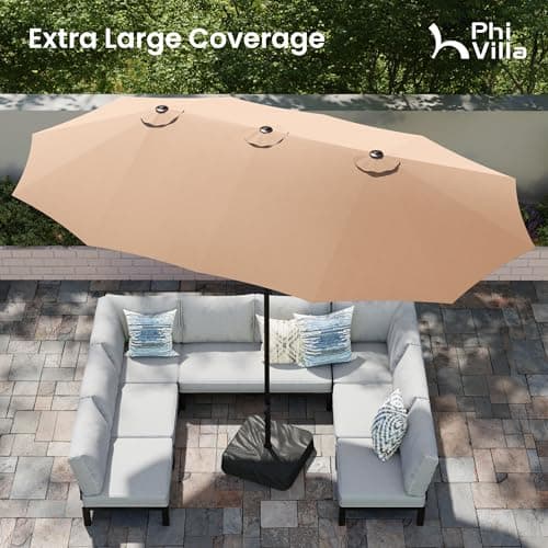PHI VILLA 15ft Large Patio Umbrellas with Base Included, Outdoor Double-Sided Rectangle Big Market Umbrella with Stand, Outside Umbrellas for Poolside Lawn Backyard, Beige