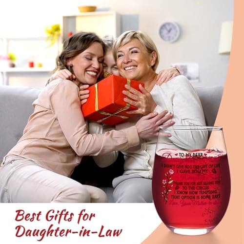 Futtumy Funny Daughter in Law Gifts, To My Dear Daughter-in-laws Stemless Wine Glass for Son's Wife, Mothers Day Birthday Christmas Gifts from Mother-In-Laws, 17 oz