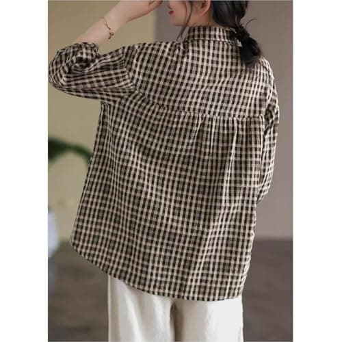 FEUSEUZ Korean Style Summer Shirt Women's Retro Cotton Linen Checkered Shirt Women's Loose Casual Short Sleeved top