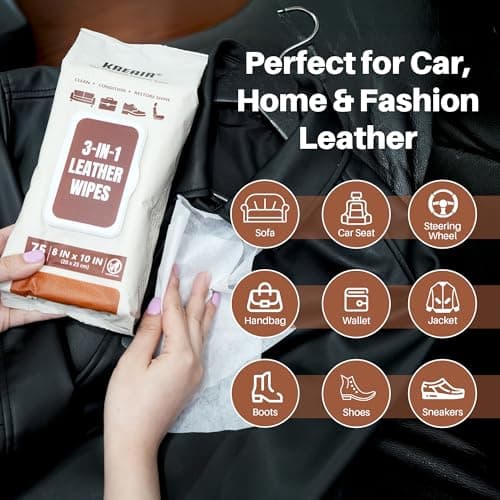 Kreair 3in1 Leather Wipes 75 XL Count, Clean, Condition & Restore Shine, Extra-Large 8"x10" Wipes for Car Seats, Shoes, Furniture & Bags, Thick, Durable & Non-Linting, Safe for All Leather Types