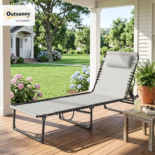 Outsunny Folding Chaise Lounge Chair, Patio Sun Tanning Chair, Outdoor Chaise Lounger with 4-Position Reclining Back, Breathable Mesh Seat for Beach, Poolside, Yard, Cream White