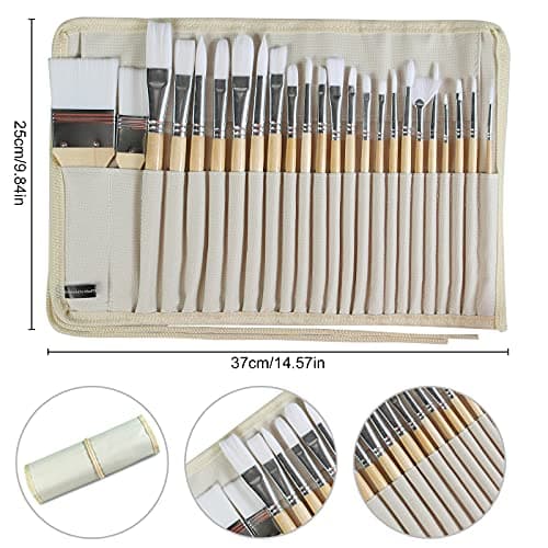 Wooden Handles, 24 Different Types of Brushes, Nylon Hair, Professional, Oil, Acrylic and Watercolor Painting Paint Brushes Set of 24 Pieces with Canvas Brush Case B095M9LKPN