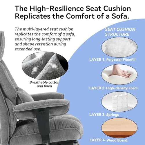 Efomao Executive Office Chair, Soft-Cushioned Computer Chair with Foot Rest, Fabric Home Office Desk Chairs, Big and Tall Office Chairs, Grey