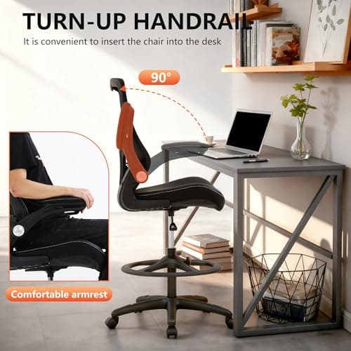 BestOffice Drafting Chair Ergonomic Tall Office Chair Standing Desk Chair with Flip Up Arms Foot Rest Back Support Adjustable Height Mesh Drafting Stool, Dark Black