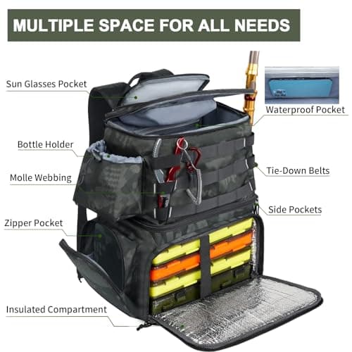 Water Resistant Fishing Bag Fits 4 3600 Trays, Large Wide Open Tackle Box Backpack, Gifts for Fishermen MATEIN Fishing Backpack, Tackle Storage Bag with Rod Holders & Cooler B09PTHT4H5