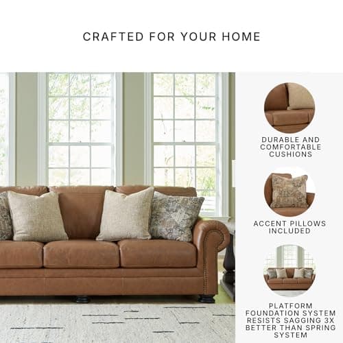 Signature Design by Ashley Carianna Classic Leather Match Sofa with Nailhead Trim, Dark Brown