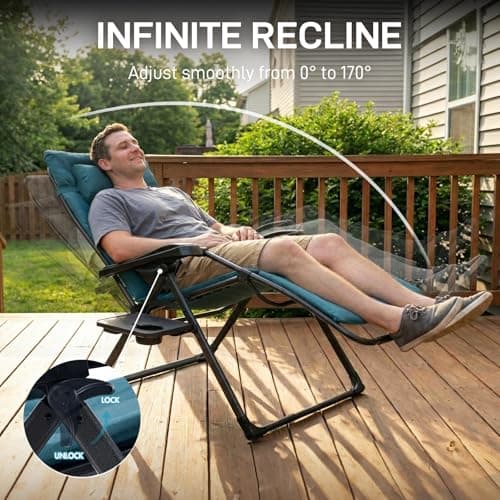 EVER ADVANCED Thick Padded Zero Gravity Chair, Oversized Reclining Lounge Chair with Adjustable Headrest & Cup Holder, Heavy Duty Support 350 lbs, Foldable for Camping, Lawn, Outdoor & Indoor, Green