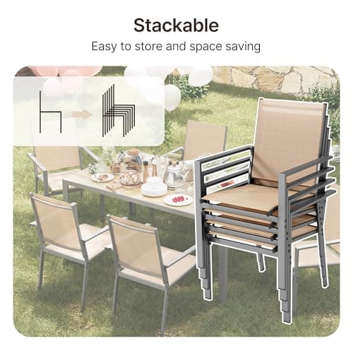 Ahomly Patio Table and Chairs Set for 6, Outdoor Dining Set Includes 59.5" Rectangle Patio Table with Side Umbrella Hole and 6 Textilene Fabric Patio Chairs for Backyard, Courtyard, Poolside, Brown