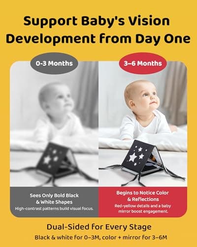 Newborn visual stimulation 0-6 months, Montessori sensory play, soft crinkle pages, folds flat, ties to crib and stroller Infinno High Contrast Baby Book, Black and White, Tummy Time Mirror Toy B0DHH7LGZT