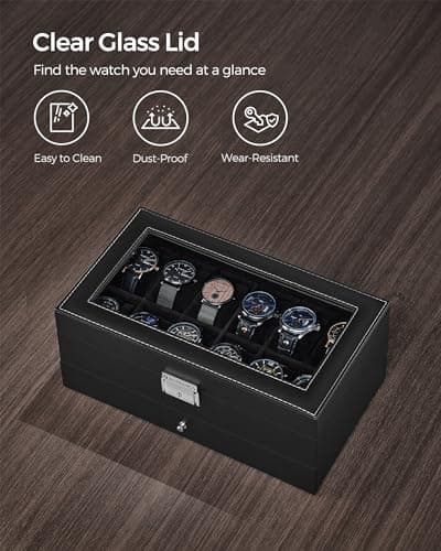 SONGMICS Watch Box, 12-Slot Watch Case Organizer with Large Glass Lid, 2 Layers, Removable Pillows, Metal Lock, Gift for Loved Ones, Black Synthetic Leather, Black Lining UJWB012B03