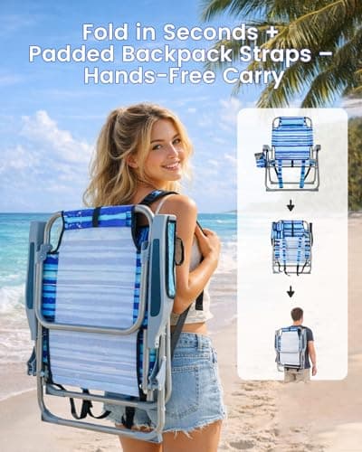 GVDV Backpack Beach Chairs for Adults 2 Pack, Portable Lay Flat Folding Chair with Cup Holder and Towel Bars, 4-Position Adjustable Reclining Chair for Beach, Camp, Outdoor, Blue Ocean