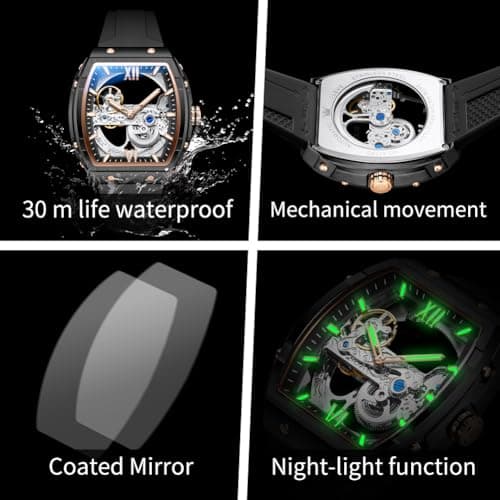 OLEVS Watch for Men Skeleton Automatic Tonneau Silicone Strap Business Luxury Waterproof Luminous Mechanical Men Wrist Watch