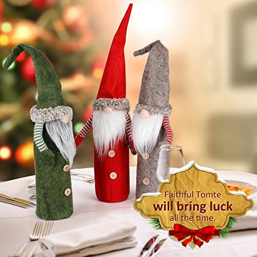 D-FantiX Christmas Gnomes Wine Bottle Cover, Handmade Swedish Tomte Gnomes Wine Toppers Santa Claus Bottle Bags with Drawstring Style Holiday Home Christmas Decorations Gift 3 Pack